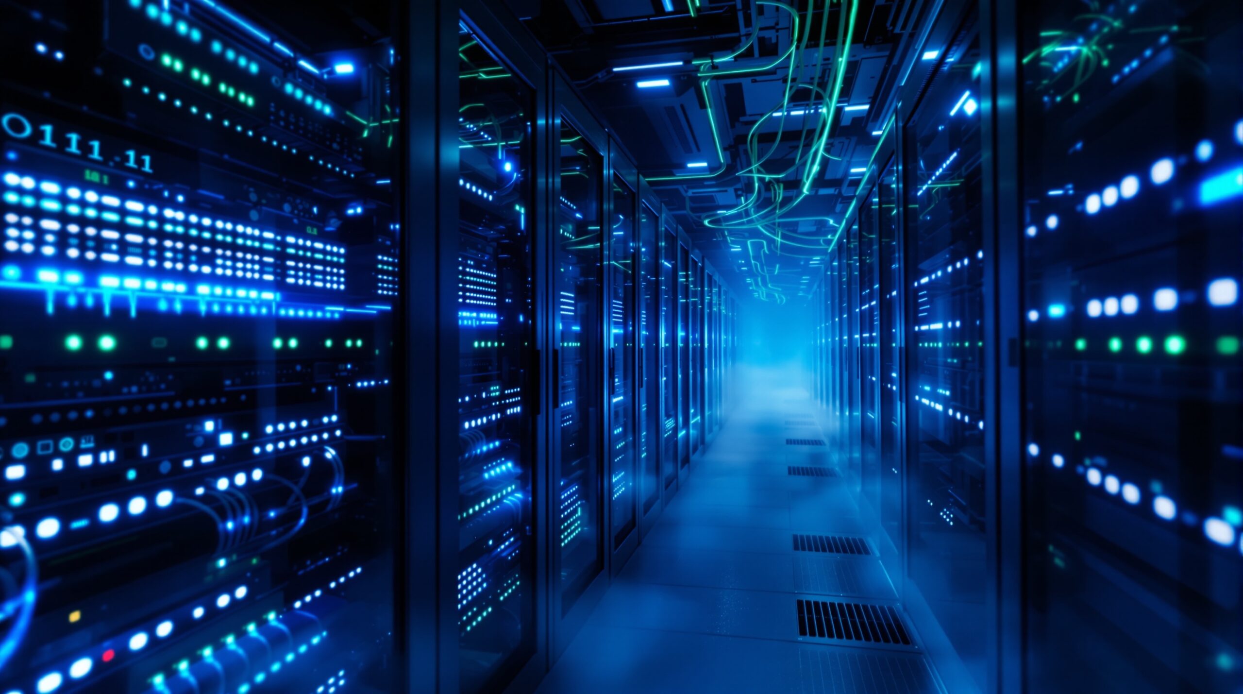 Close-up of dark server room with glowing blue LED lights and fiber optic cables creating mysterious atmosphere